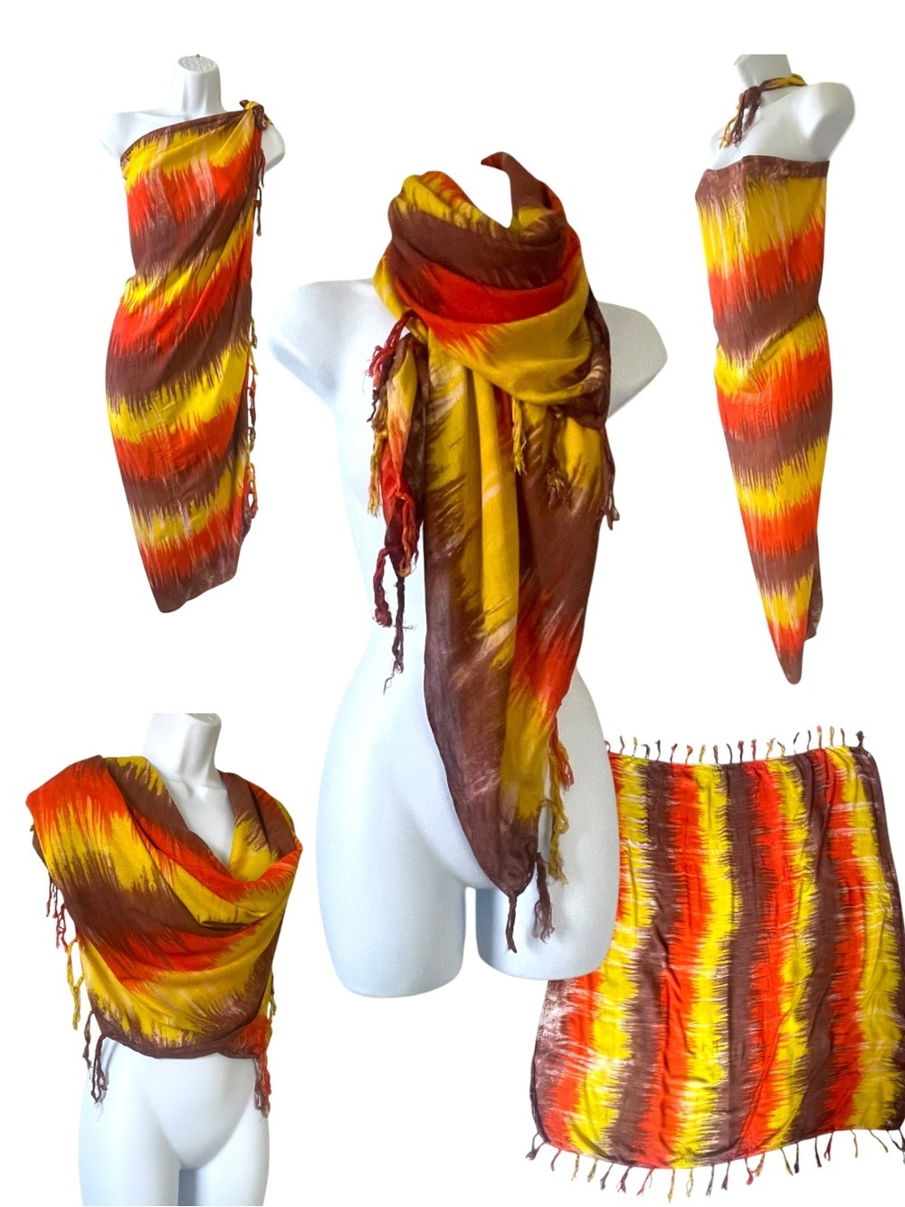 Tie Dye Fringe Scarf Wrap Shawl Festival Earth Tone Sarong Beach Cover Up Boho